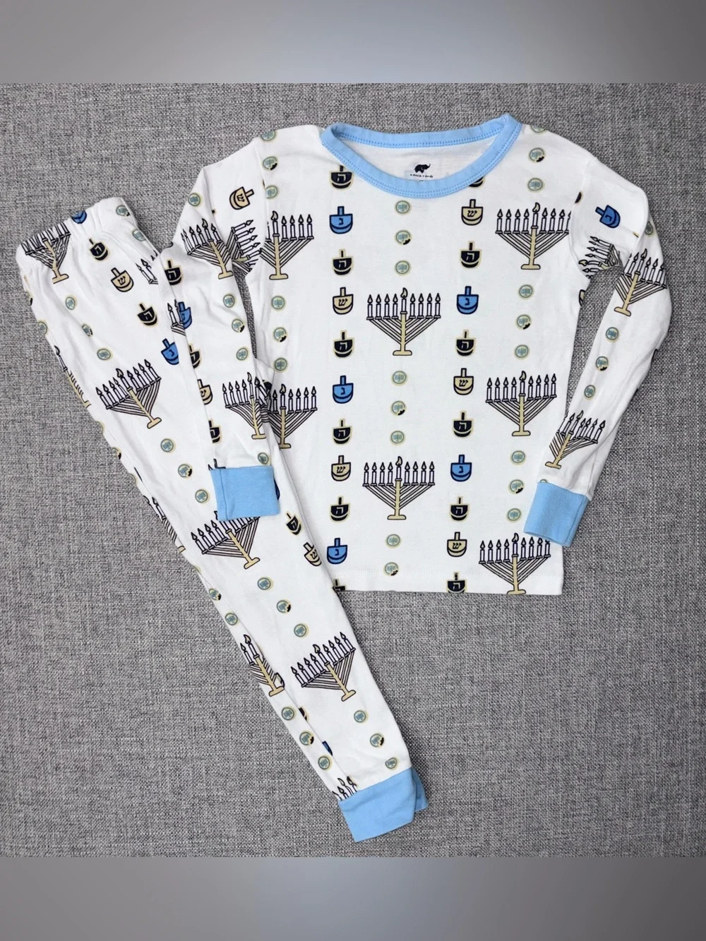Kids Hanukkah Menorah & Dreidel Pajama Set - Light Blue Trim